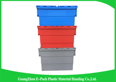 Nestable heavy duty plastic storage containers with attached lids stackable