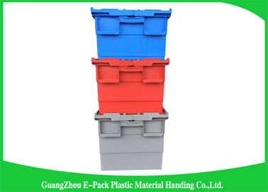 Nestable heavy duty plastic storage containers with attached lids stackable