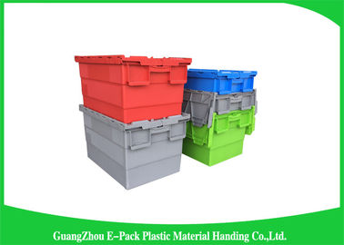 Nestable heavy duty plastic storage containers with attached lids stackable