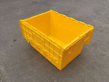 Yellow Plastic Storage Bins Attached Lids Stacked For Transportation