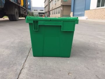 Yellow Plastic Storage Bins Attached Lids Stacked For Transportation
