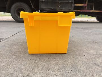 Yellow Plastic Storage Bins Attached Lids Stacked For Transportation